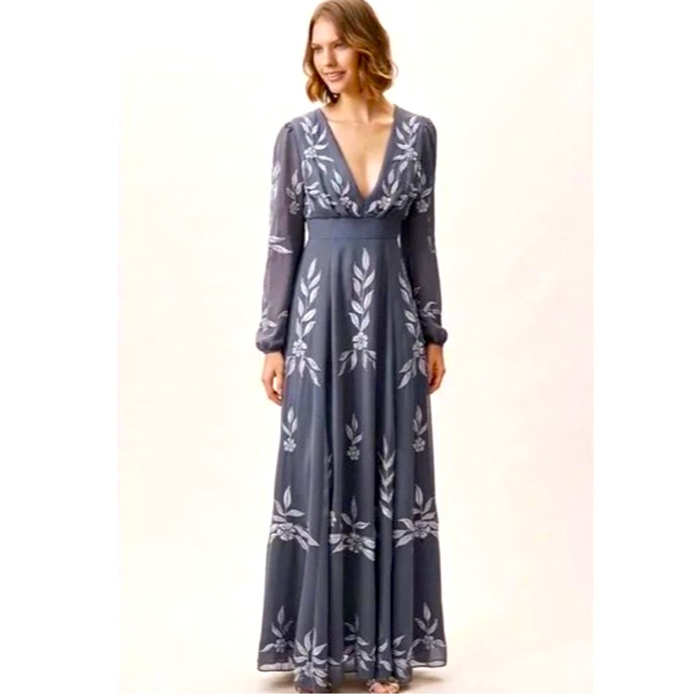 Anthropologie BHLDN hydrangea Belize embroidered A line long sleeve gown
